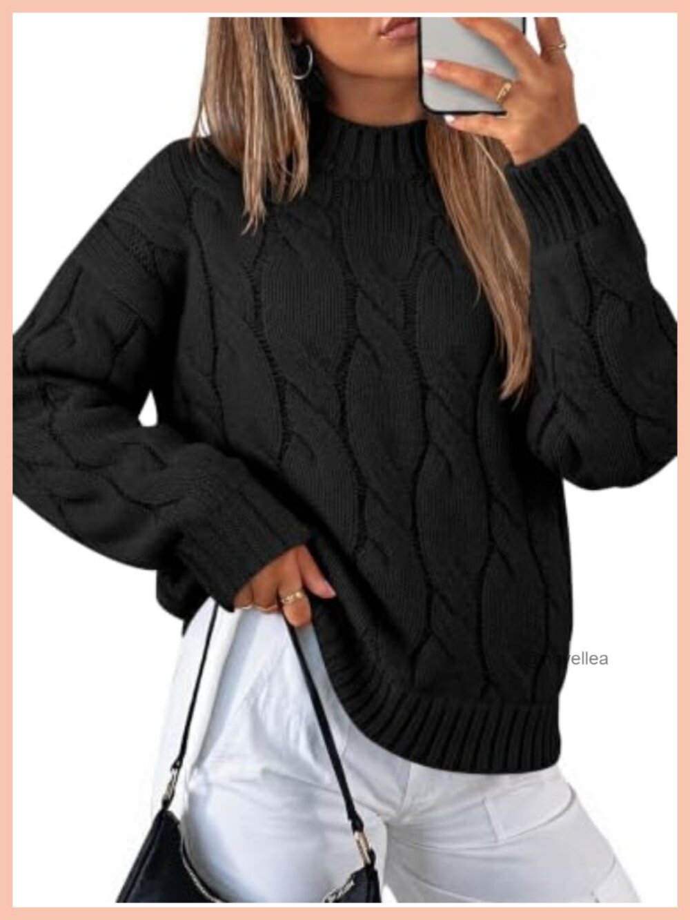 Mock Neck Cable Knit Sweater Loose Fit Long Sleeve Pullover